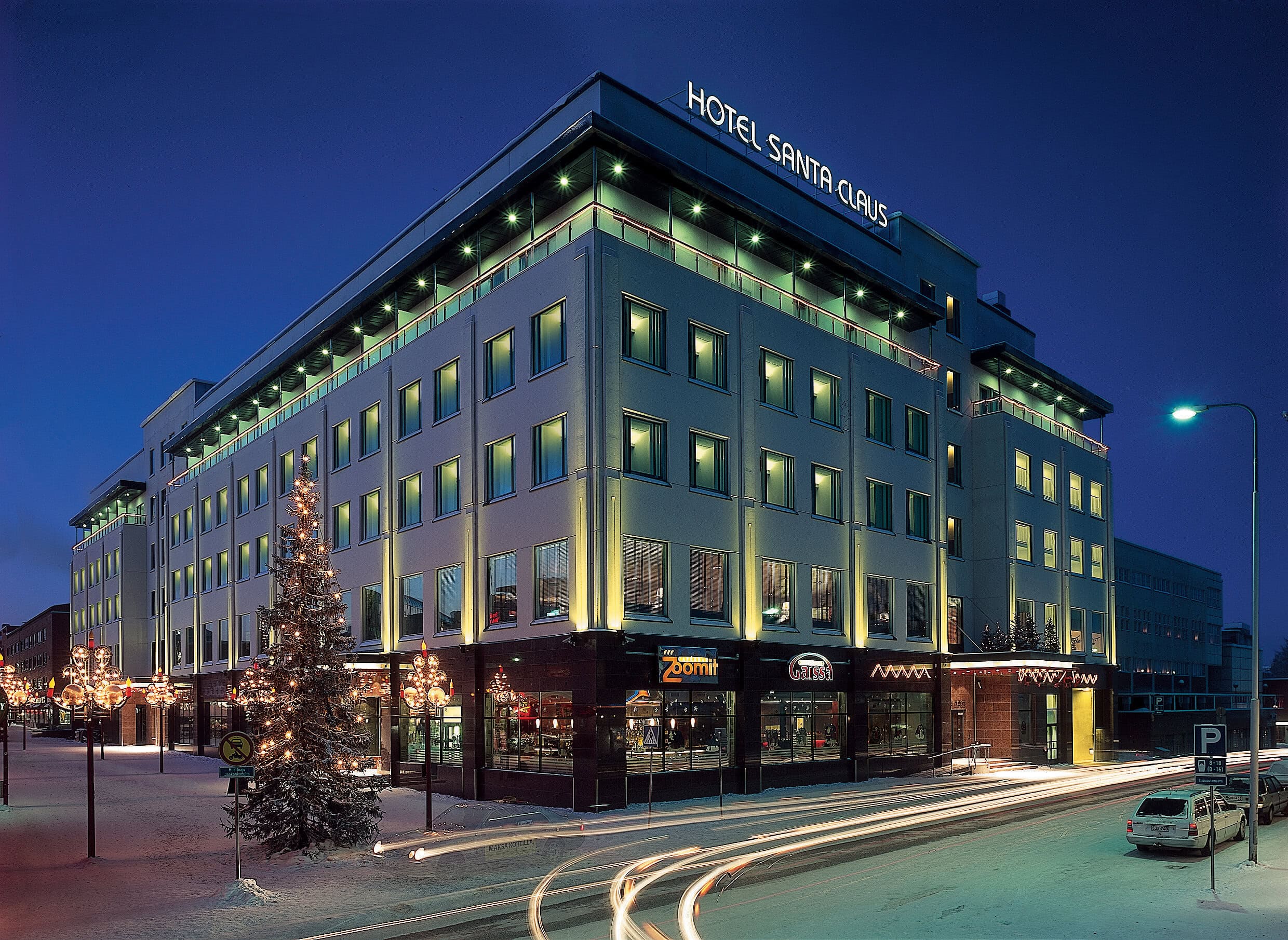 Hotel Santa Claus facade on a winter evening